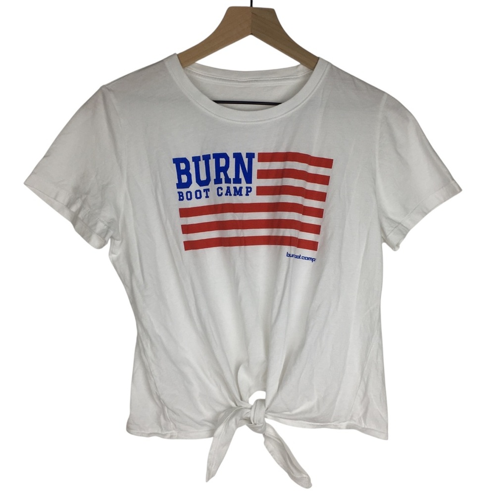 BURN BOOT CAMP Cropped T Shirt Twist Tie Front Top American Flag Red White Blue